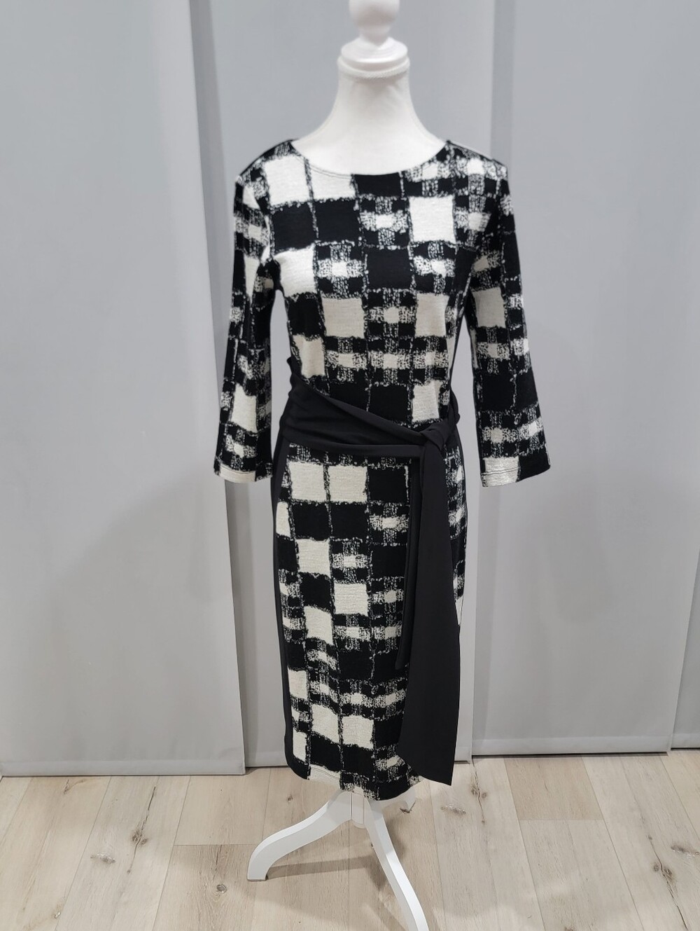 Joseph Ribkoff Black and White Checked Knit Dress with Waist Tie